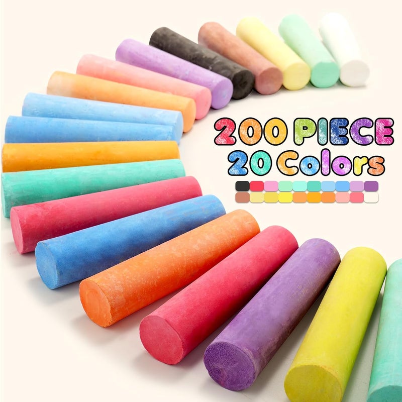SMALL FISH مجموعة 200 قطعة من الطباشير القابلة للغسل بألوان 20: طباشير رسم عملاق للأطفال للفنون الخارجية، غير سامة، خالية من الغبار، طباشير عملاق لصندوق السبورة للرسم للأطفال على السبورة، الملعب، الحفلات - Image 2